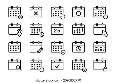 Colección de iconos de línea de calendario. Plantillas de símbolos de calendario. Signos de manejo del tiempo. Vector de acciones 