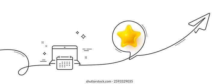 Calendar line icon. Continuous line with share plane. Annual planner sign. Laptop event schedule symbol. 3d star in speech bubble. Calendar single line ribbon. Loop curve pattern. Vector