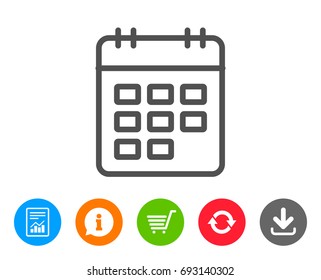 Calendar line icon. Event reminder sign. Agenda symbol. Report, Information and Refresh line signs. Shopping cart and Download icons. Editable stroke. Vector