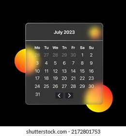 Calendar line icon. July 2023, important event, schedule, checkmark, week, day. Date management concept. Glassmorphism style. Vector line icon for Business and Advertising