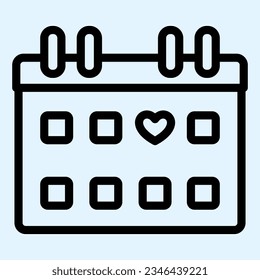 Calendar line icon. Lovely date grid paper with heart shape. Wedding asset vector design concept, outline style pictogram on white use for and app. Eps 10.