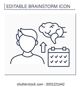 Calendar line icon. Man has plans. Overthinking. Schedule for brainstorm session. Brainstorm concept. Isolated vector illustration. Editable stroke