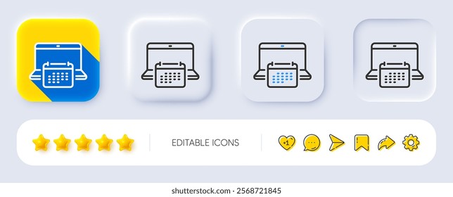 Calendar line icon. Neumorphic, Flat shadow, 3d buttons. Annual planner sign. Laptop event schedule symbol. Line calendar icon. Social media icons. Vector