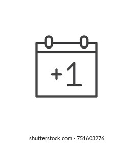 Calendar line icon, outline vector sign, linear style pictogram isolated on white. Planner with plus 1 symbol, logo illustration. Editable stroke