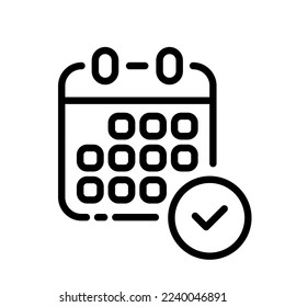 Calendar line icon. Schedule, day, week, month, date, tick, event, holiday, season, schedule, reminder, deadline. Deadline concept. Vector black line icon on white background