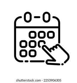 Calendar line icon. Schedule, week, month, day, date, tick, important, holiday, event, clock, season, hand, reminder, deadline. Business concept. Vector black line icon on white background
