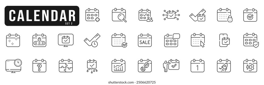 Calendar line icon set 2. Date, event, month, day, agenda, clock etc. Editable stroke