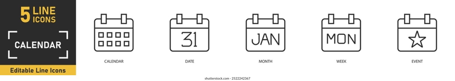 Conjunto de iconos de línea de calendario. Conjunto de 5 iconos de esquema relacionados con el calendario, fecha, mes, semana, evento y más. Ilustración vectorial.