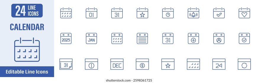 Calendar line icon set. Contains icons as calendar, date, month, day, agenda, event, clock, plan, schedule, deadline and more. Vector illustration.