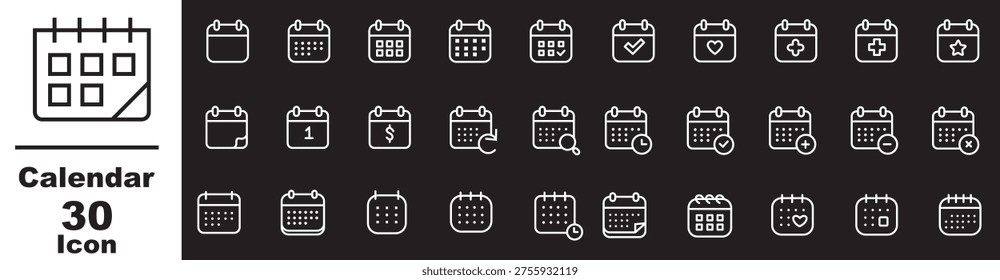 Calendar line icon set. Date, event, year, month, week, meeting, tomorrow, yesterday, meeting, schedule, solar and lunar calendar and more. Outline icon in linear style. Vector collection.
