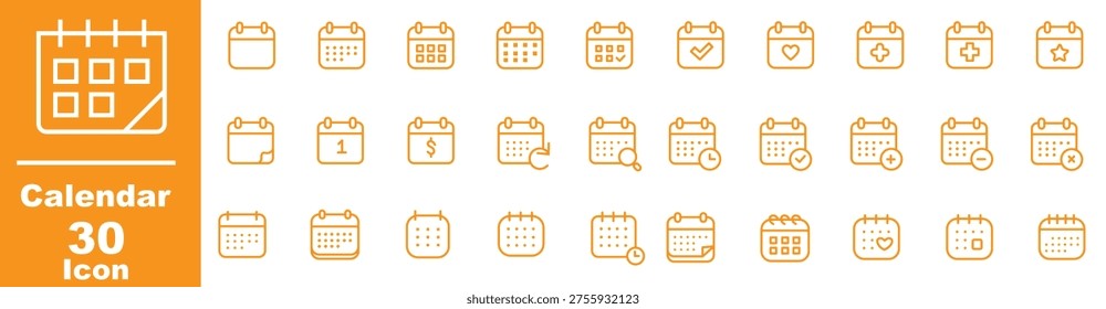Calendar line icon set. Date, event, year, month, week, meeting, tomorrow, yesterday, meeting, schedule, solar and lunar calendar and more. Outline icon in linear style. Vector collection.