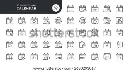 Calendar line icon set.  Date, event, year, month, week, meeting, tomorrow, yesterday, meeting, schedule, solar and lunar calendar and more. Outline icon in linear style. Vector collection.	


