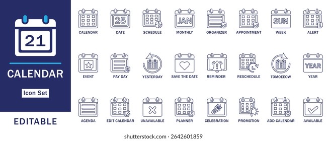 Conjunto de Ícones da linha de Calendário. Apresentando ícones vetoriais planos editáveis para programação, data, planejador, compromisso, lembrete, evento e agenda. Perfeito para aplicativos e interface da Web.
