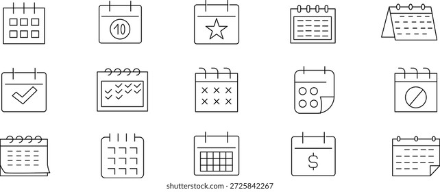 Conjunto de iconos de línea de calendario que incluye símbolos de planificación de fechas, programación de citas y administración de fechas límite