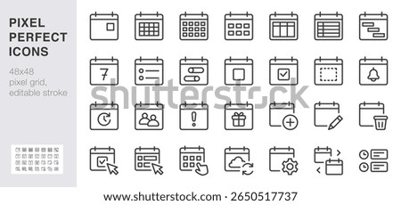 Calendar line icon set. Month view, agenda, event editing, reminders, sync minimal vector illustrations. Simple outline signs for planners and scheduling. 48x48 Pixel Perfect. Editable Stroke.