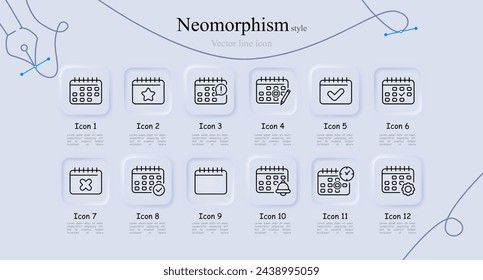 Calendar line icon set. Organizer, diary, memorable date, day off, favorites, star, pencil. Neomorphism style. Vector line icon for Business