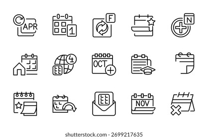 Calendar line icon set. Schedule, month, week, day, appointment, agenda, organization, event, time, planning, stopwatch, date line icons. Editable stroke