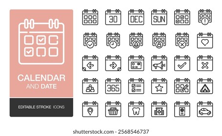 Calendar line icon. Calendar settings, daily checklist management, containing date, timetable, weekly schedule. For presentation, graphic design, mobile application, web design. Editable stroke.