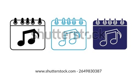 calendar line icon,calendar icon,calendar logo,calendar vector,Stylish reminder of musical events with calendar icon variations in black, blue outline, and solid fill for engaging graphic designs.