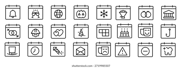 Iconos de línea de calendario que incluyen signos dentales de pastel de comedia