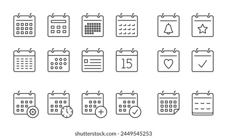 Calendar line icons set on white background, vector eps10 illustration