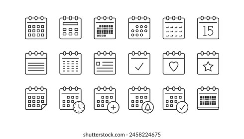 Calendar line icons set on white background, vector eps10 illustration