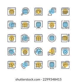 Calendar line icons. Set of schedule icons. Black, blue and yellow colors. Modern outline graphic design. Vector line icons set
