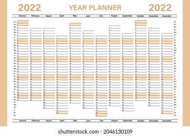 The calendar is linear for 2022. Vector. The planner of the annual calendar. A schedule template with months. Horizontal, landscape orientation, English.