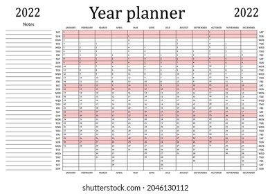 The calendar is linear for 2022. Vector. The planner of the annual calendar. A schedule template with months. Horizontal, landscape orientation, English.
