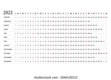 The calendar is linear for 2022. Vector. The planner of the annual calendar. A schedule template with months. The week starts on Sunday. Horizontal, landscape orientation, English.
