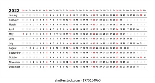 Calendar linear for 2022 year. Vector. Yearly calender planner. Schedule template with months. Week starts Sunday. Horizontal, landscape orientation, english. Agenda organizer. Simple illustration. - Shutterstock ID 1975154960