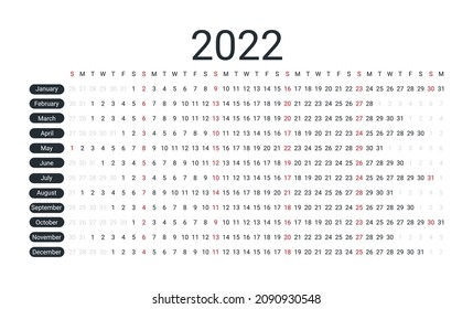Calendar linear for 2022 year. Vector. Yearly calender planner. Schedule template with months. Week starts Sunday