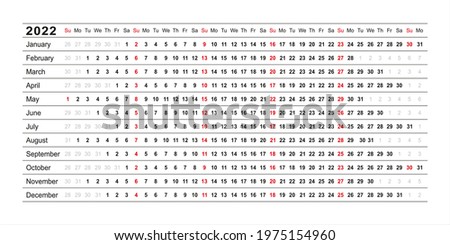 Calendar linear for 2022 year. Vector. Yearly calender planner. Schedule template with months. Week starts Sunday. Horizontal, landscape orientation, english. Agenda organizer. Simple illustration.