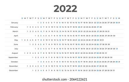 Calendar Linear For 2022 Year. 2022 Yearly Calendar Planner. Week Starts Sunday. 2022 Linear Calendar Design With Blue Color.