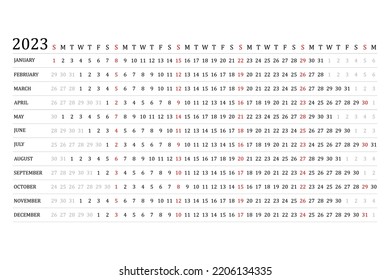 The calendar is linear for 2023. Vector. Annual calendar planner. Schedule template with months. The week starts on Sunday. Horizontal, landscape orientation, English. Organizer of the agenda. A simpl