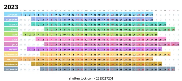 Calendar linear for 2023 year. Stationery Design Print Template. Yearly calender planner. Set of 12 Months. Schedule template with months. Week starts Sunday. Horizontal, landscape orientation - Shutterstock ID 2215217201