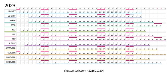 Calendar linear for 2023 year. Stationery Design Print Template. Yearly calender planner. Set of 12 Months. Schedule template with months. Week starts Sunday. Horizontal, landscape orientation