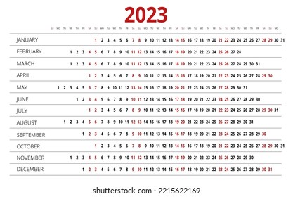 Calendar linear for 2023 year. Stationery Design Print Template. Yearly calender planner. Set of 12 Months. Schedule template with months. Week starts Sunday. Horizontal, landscape orientation