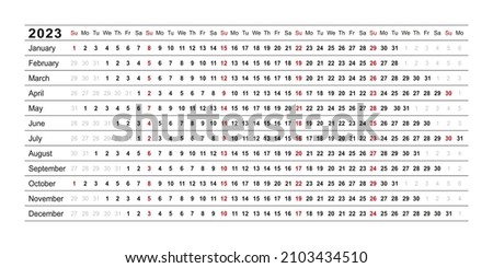 Calendar linear for 2023 year. Yearly calender planner. Schedule template with months. Week starts Sunday. Horizontal, landscape orientation, english. Agenda organizer. Vector illustration.