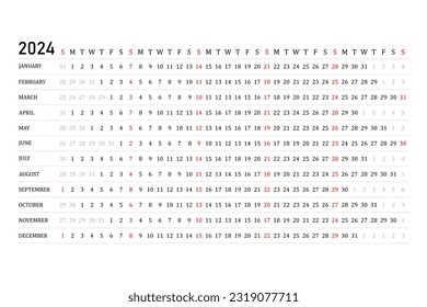 El calendario es lineal para 2024. Vector. El planificador del calendario anual. Plantilla de programación con meses. La semana empieza el domingo. Horizontal, orientación horizontal, inglés.