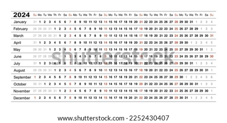 Calendar linear for 2024 year. Yearly calender planner. Schedule template with months. Week starts Sunday. Horizontal, landscape orientation, english. Agenda organizer. Vector illustration.