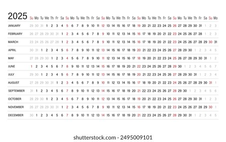 Der Kalender ist für 2025 linear. Kalenderplaner für das Jahr. Eine planmäßige Vorlage mit Monaten. Die Woche beginnt am Sonntag. Horizontal, Landschafts-Ausrichtung, Englisch. Der Organisator der Tagesordnung.