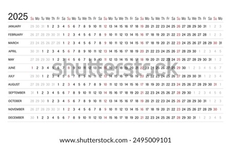 The calendar is linear for 2025. Calendar planner for the year. A schedule template with months. The week starts on Sunday. Horizontal, landscape orientation, English. The organizer of the agenda.