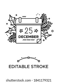 Calendar linear icon. 25 december. Christmas eve. Thick line pictogram. Isolated outline vector illustration. Duotone contour symbol. Editable stroke. Pixel perfect