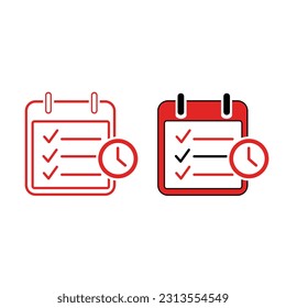 calendar list and clock checklist icon. flat color, icon illustration