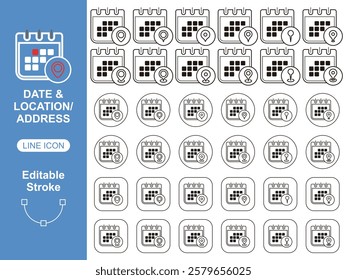 Calendar and Location Line Icon. Editable Stroke and Fill. Pixel Perfect. For Mobile and Web.