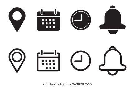 Calendar, location, notification bell time, Address, clock, icon set. event, date, address, reminder, vector illustration.