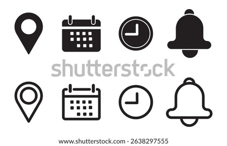 Calendar, location, notification bell time, Address, clock, icon set. event, date, address, reminder, vector illustration.