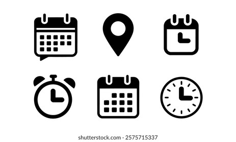 Calendar, Location Pin, and Clock Icon Set for Scheduling and Planning vector illustration