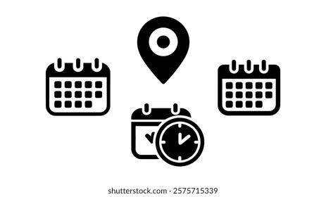 Calendar, Location Pin, and Clock Icon Set for Scheduling and Planning vector illustration